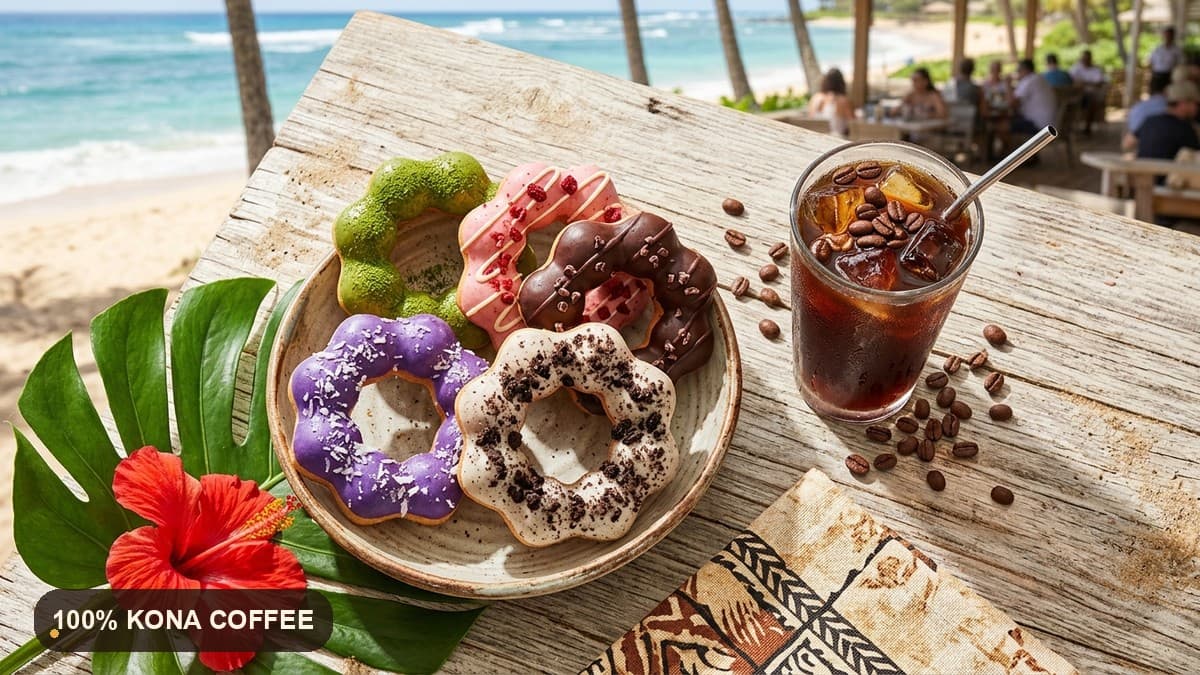 Best mochi donuts in Waikiki — fresh rice-flour pon-de-ring donuts in ube, matcha, cookies & creme, dark chocolate, and churro