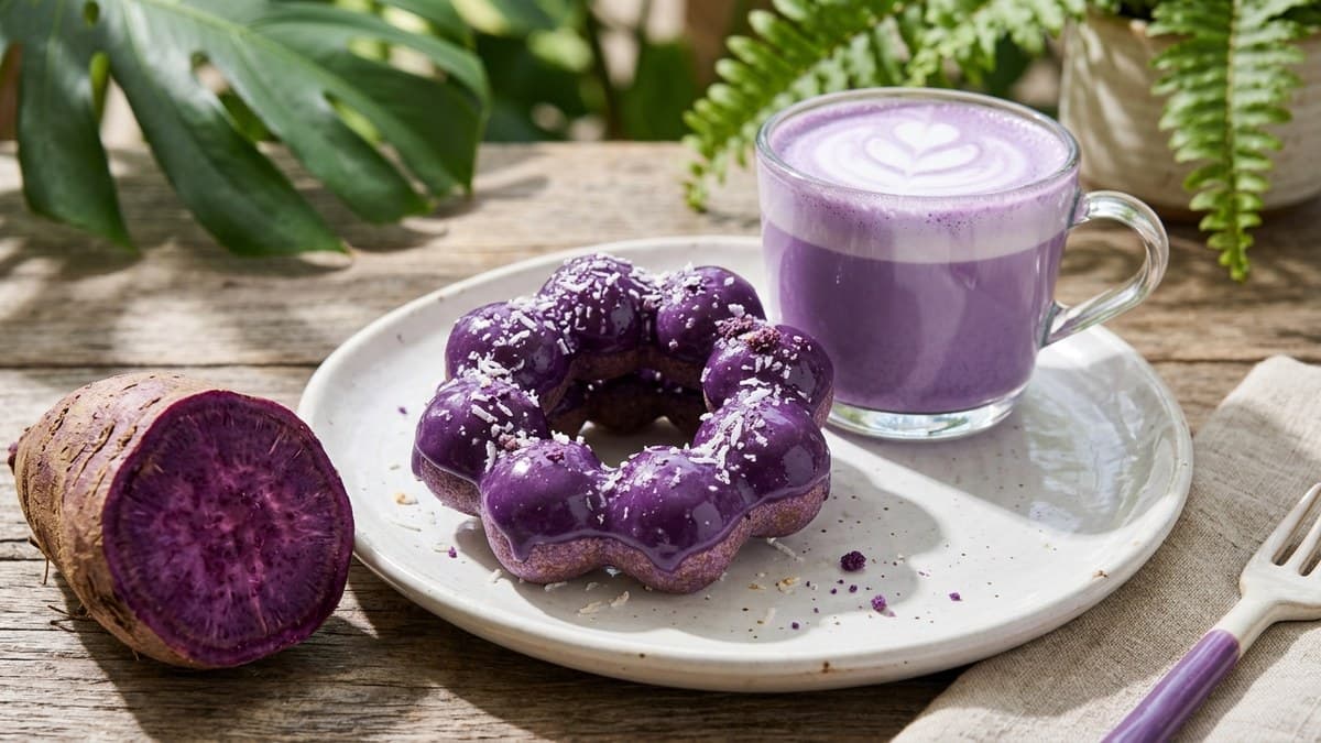Ube desserts in Waikiki — purple ube mochi donut, ube malasada, ube milk bingsu and an ube latte at Kona Coffee Donut