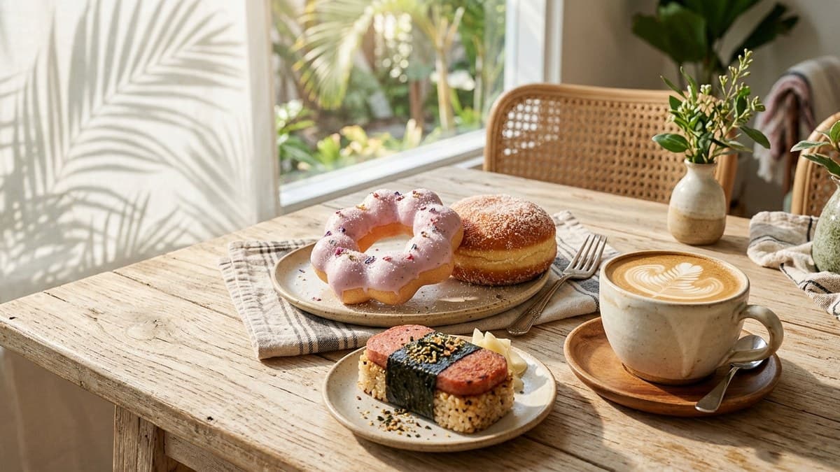 Breakfast in Waikiki — mochi donut, malasada, spam musubi and Kona coffee latte at Kona Coffee Donut