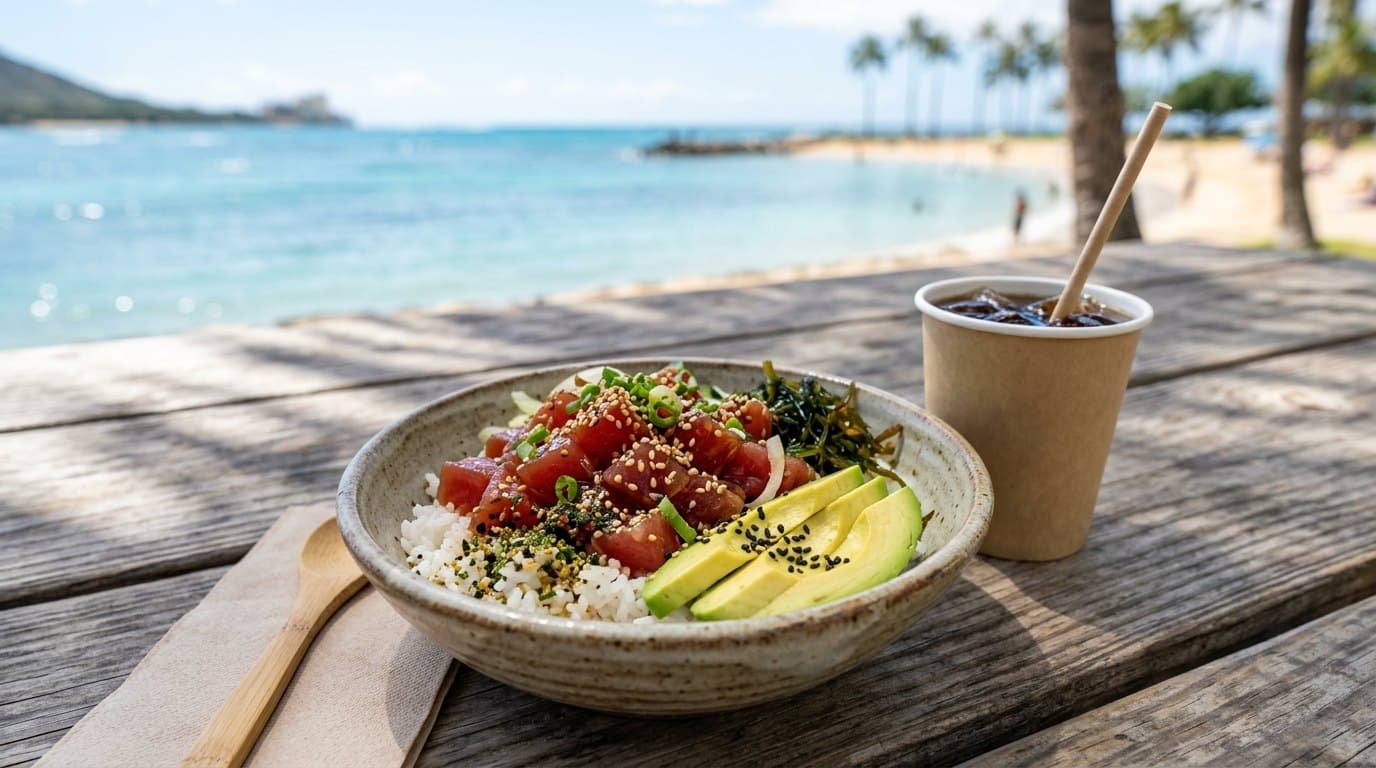 Ahi poke bowl with avocado and limu on a picnic table by Waikiki Beach, with an iced Kona coffee