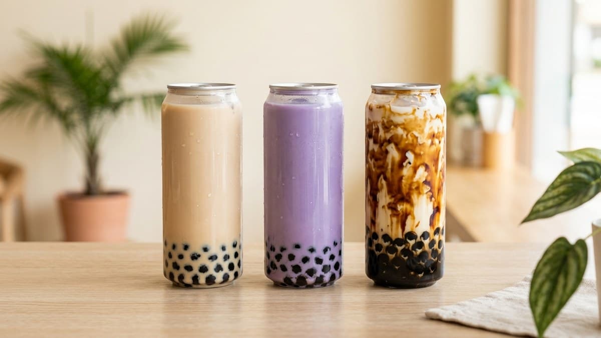 Boba milk tea in Waikiki — canned bubble tea in classic, ube and brown sugar flavors at Mochi Land