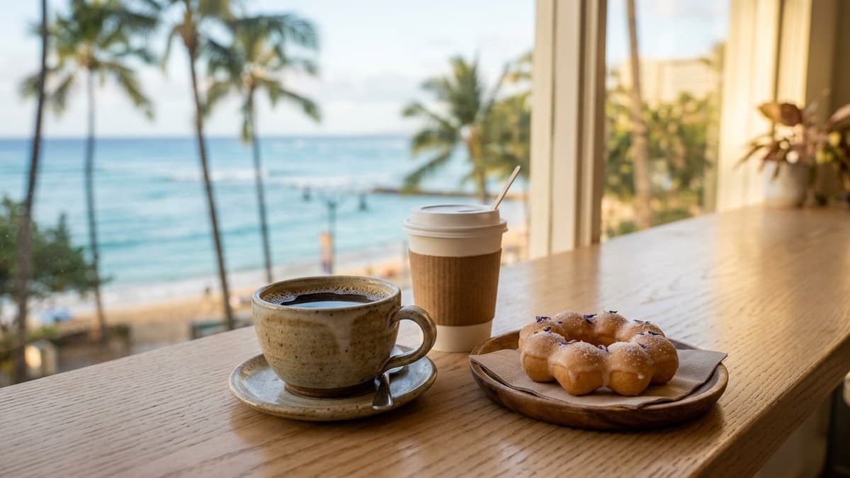 Coffee near Waikiki Beach — 100% Kona coffee and mochi donuts at Kona Coffee Donut on Kalākaua Avenue