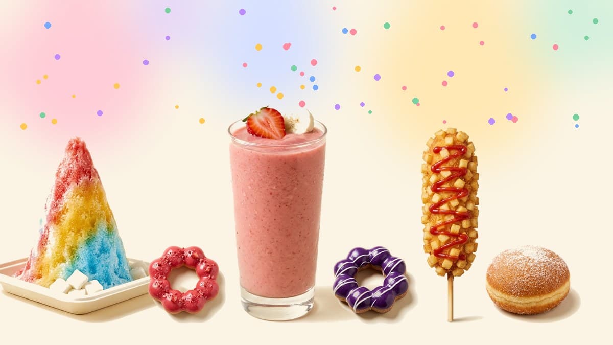 Kid-friendly treats at Kona Coffee Donut in Waikiki: Waikiki Rainbow shave ice, strawberry and ube mochi donuts, a strawberry banana smoothie, a potato corn dog and a sugar malasada