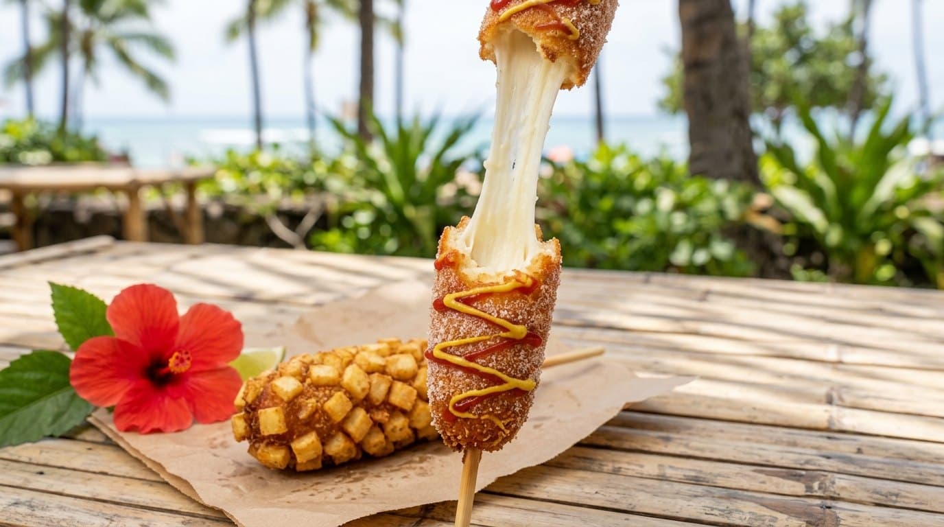 Korean corn dog in Honolulu with a mozzarella cheese pull, next to a potato-coated corn dog