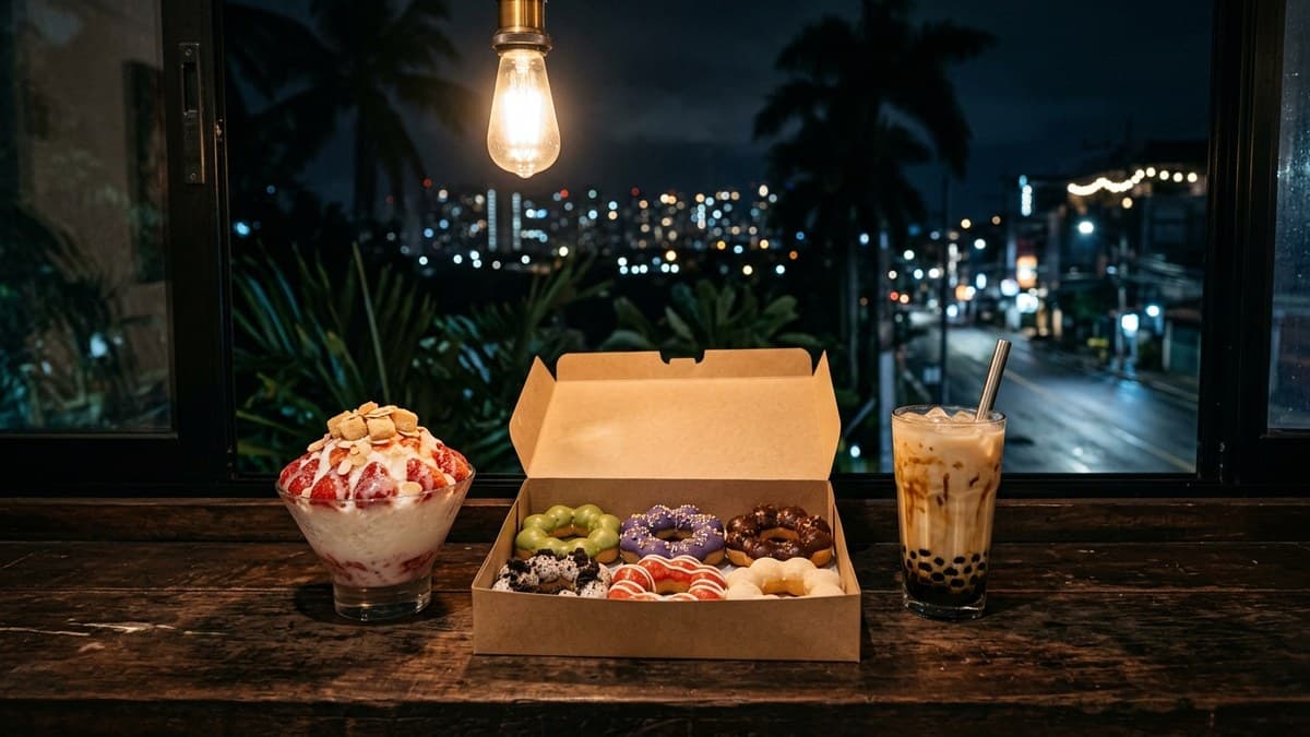 Late night dessert in Waikiki — mochi donuts, bingsu and canned boba on the counter at Kona Coffee Donut after dark
