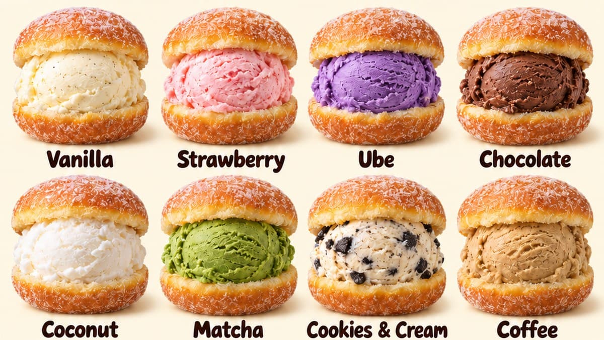 Malasada ice cream sandwiches in eight flavors — vanilla, strawberry, ube, chocolate, coconut, matcha, cookies & cream and Kona coffee — at Kona Coffee Donut in Waikiki