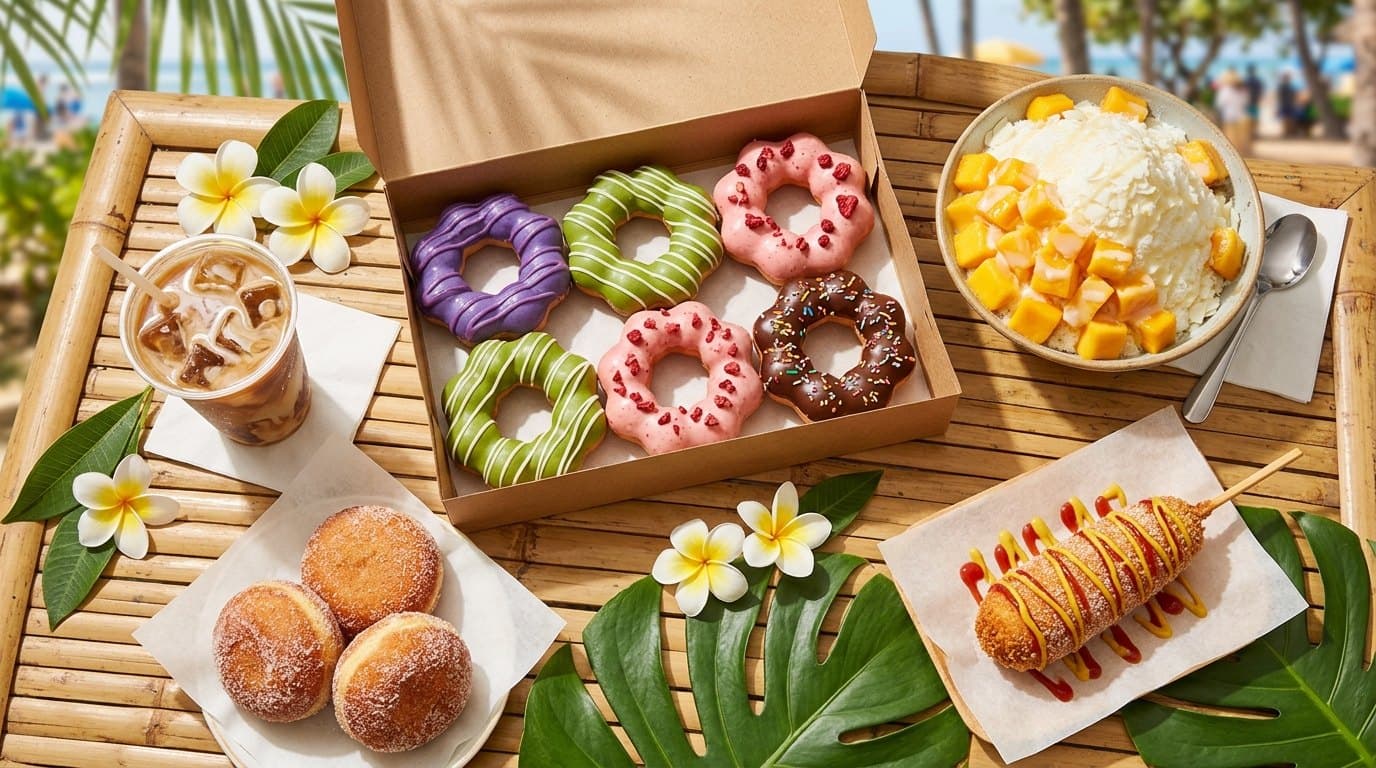 Waikiki must-try foods: mochi donuts, mango bingsu, iced Kona coffee, malasadas and a Korean corn dog on a bamboo table