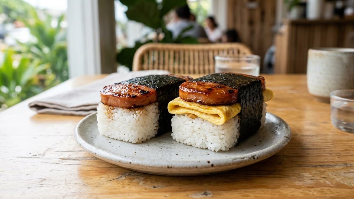 Spam musubi in Waikiki — grilled teriyaki spam and egg musubi at Kona Coffee Donut