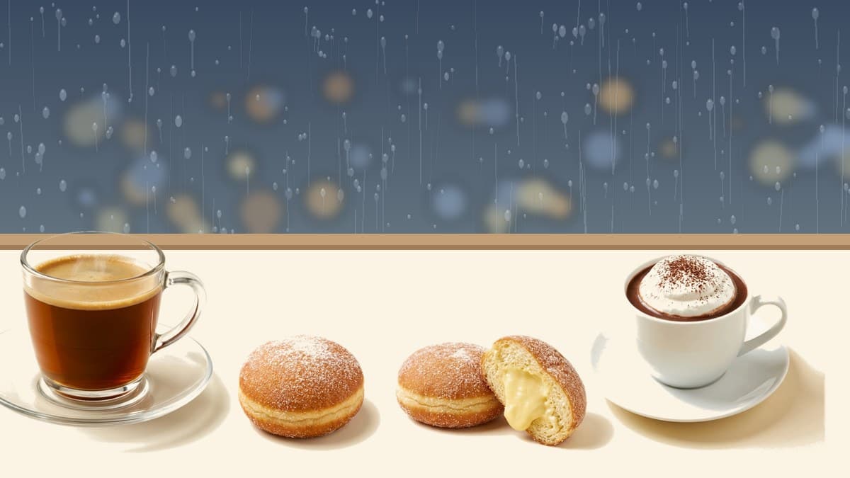 Hot 100% Kona coffee, a classic and a cream-filled malasada, and hot chocolate on the counter under a rain-streaked window at Kona Coffee Donut in Waikiki