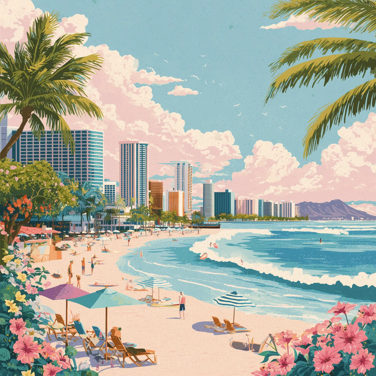 Illustrated Waikiki Beach scene with palm trees, pink flowers, and Diamond Head - Kona Coffee Donut Hawaiian cafe